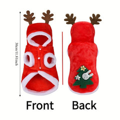 [Christmas] Christmas & Dog Costume with Antlers & Tree Decorations - Red Winter Outfit, Warm Pullover/Boutonniere Jacket for Small & Medium Pets Suitable for Xmas Parties & Photo Shoots