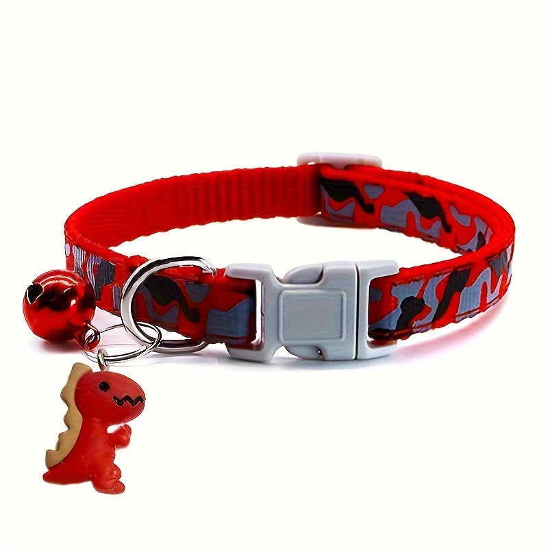1pc Adjustable Leopard Print Camouflage Pet Collar with Jingle Bell & Cute Dinosaur Pendant - Soft Padded Comfortable Design, Durable Metal Buckle & Bell