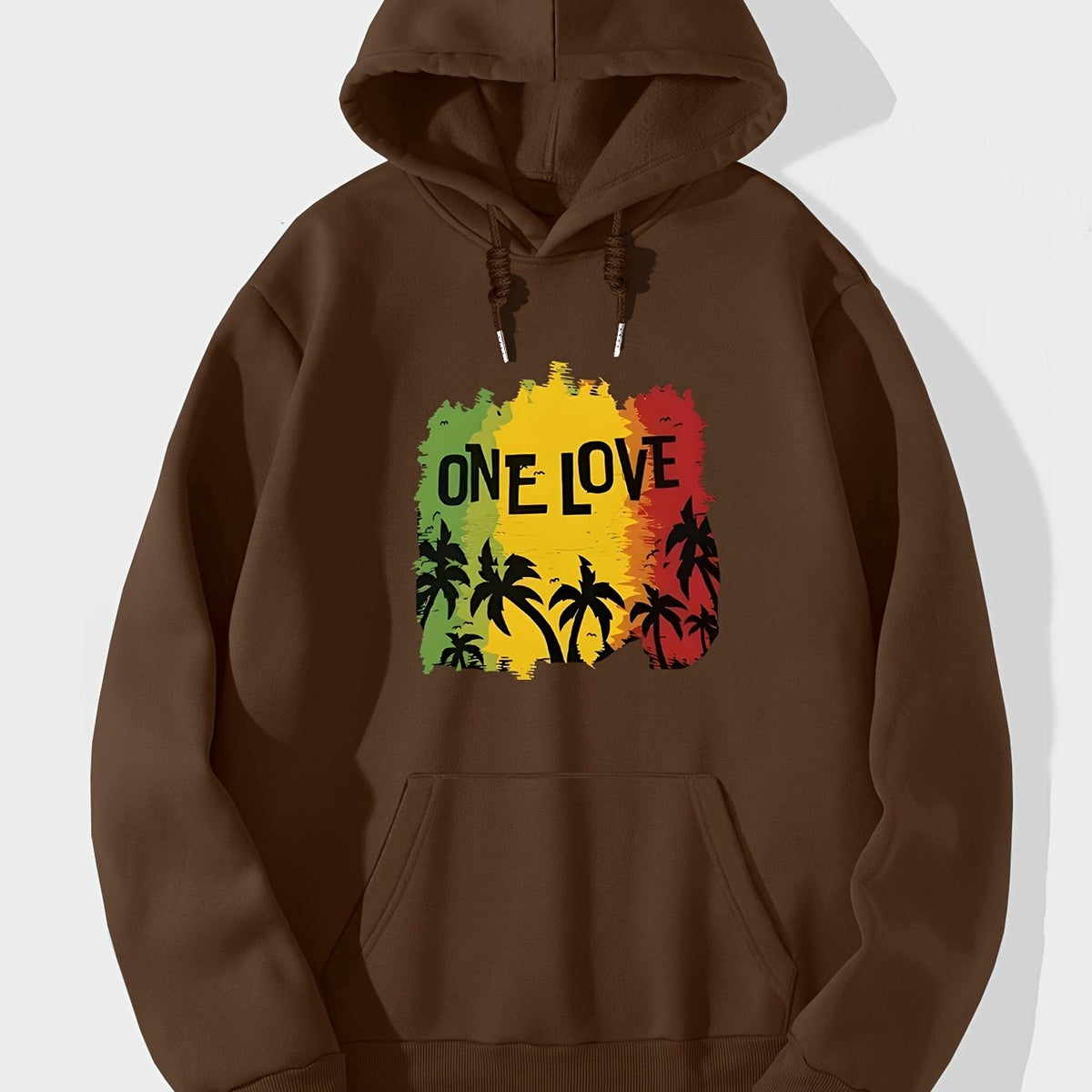 Men's Casual Hoodie with "One Love" Tree Print, Fashionable Long Sleeve Pullover, Comfortable Stretchy Knit Sweatshirt for All Seasons, Unisex, Polyester Material, Loose Fit