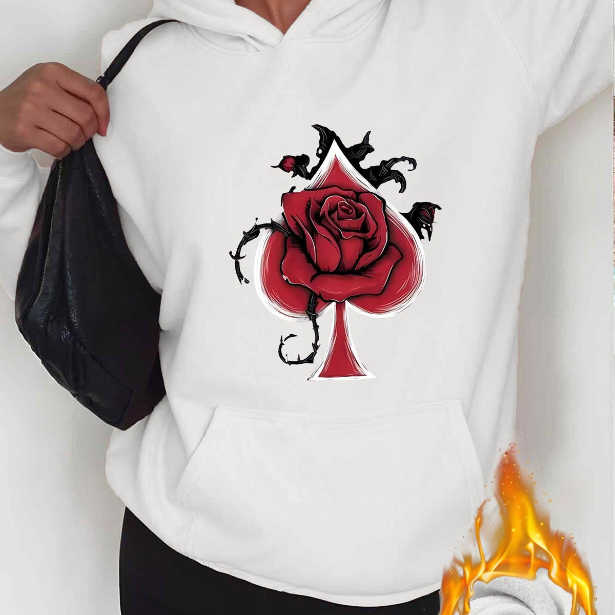 Women'S Black Rose & Spade Print Hoodie - Pink with Red Rose & Black Spade Design, Long Sleeve Pullover Sweatshirt, Front Pocket, All-Season Casual Streetwear, Streetwear Fashion, Soft Fabric Hoodie