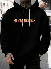 Men'S 3D Print Hooded Sweatshirt with NEVER BETTER Lettering & Flame Skull Graphic - Heavyweight Casual Pullover, with Red Lettering, Hoodie For Fall/winter - Ideal Gift For Men, Fall Winter Apparel, Durable Fabric, Streetwear Fashion, Urban Style