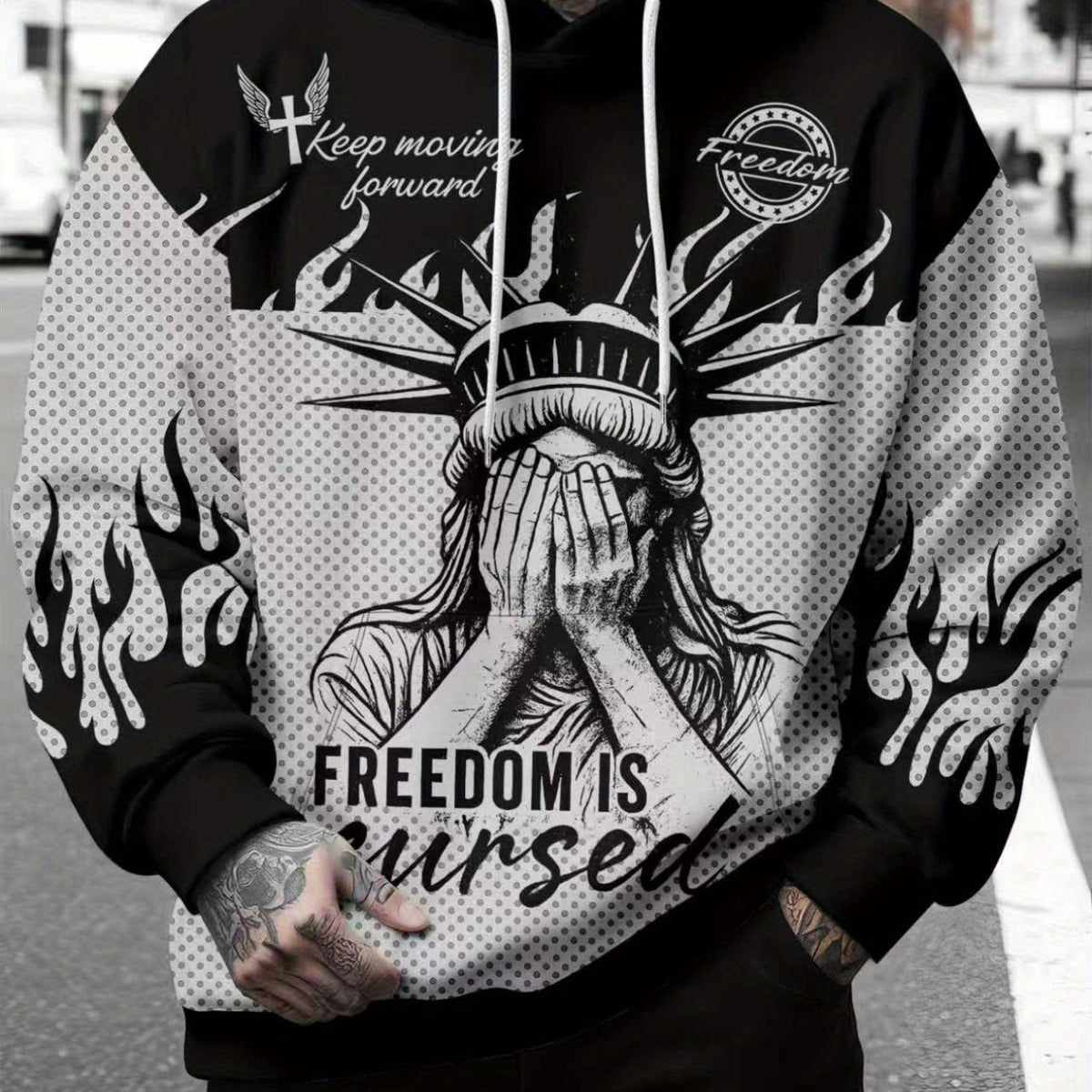 Men's Hooded Fashion Print Sweatshirt, Street Style, Statue of Liberty Print, Casual and Comfortable, Versatile, Machine Washable, Suitable for Friends Gatherings and Daily Casual Wear, Street Style Clothing, Friends Gatherings Outfit, Men's Hooded