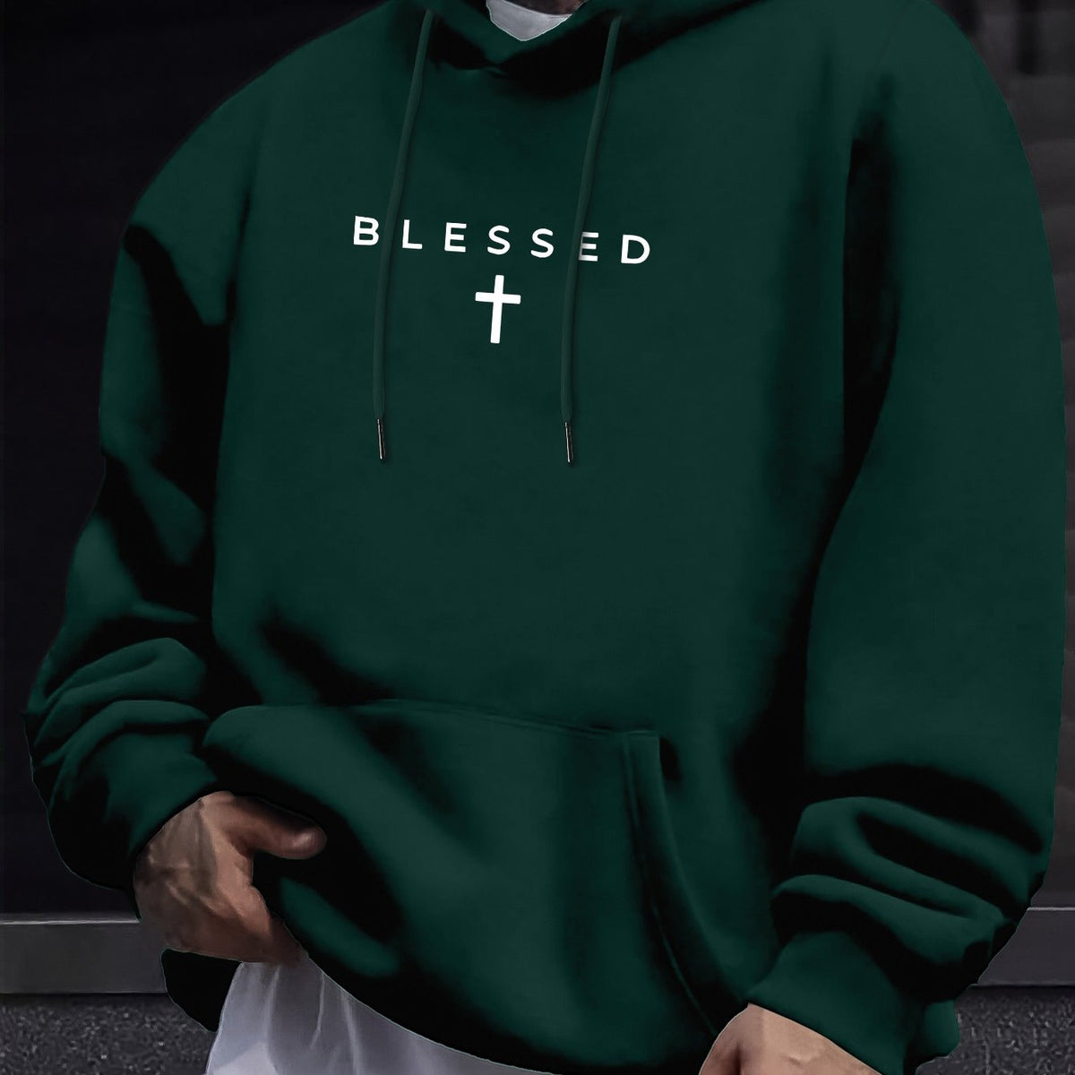 Men's Hoodie, Religious "Blessed" Cross Print, Soft Stretch Polyester, White BLESSED Lettering & Symbol, Casual Hooded Sweater for Church Events, Machine Washable, Green