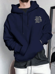 Men's Blue Hooded Sweater with Large '' Logo Print - Casual College Pullover, Regular Fit Hoodie, Machine Washable Letter Jacket for Campus & Casual Attire (Letter Initials)