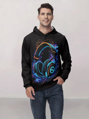 Men'S 3D Neon Glow-in-the-Dark Headphones Graphic Hooded Sweatshirt - Neon & Pink Digital Print Pullover, Casual Streetwear with Kangaroo Pocket, Machine Washable Warmth for Spring/Fall/Winter, Sweater Hoodie