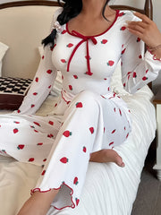 2pcs Women's Long Sleeve Square Neck Bow-Tie Top and Pants Set, Strawberry Print Ribbed Fabric with Contrast Bow Decor, Holiday Season Sleepwear for Autumn/Winter; High-Quality Loungewear
