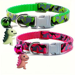 1pc Adjustable Leopard Print Camouflage Pet Collar with Jingle Bell & Cute Dinosaur Pendant - Soft Padded Comfortable Design, Durable Metal Buckle & Bell