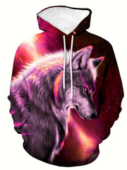 Men's Wolf & Print Hooded Sweatshirt - Full-Body Wolf Pattern Hoodie with Purple/Pink/Pinkish-Red Hues, Winter Warm Streetwear, Machine Washable Casual Pullover for Wolf Lovers (Ideal Gift), PLUS SIZE, Mens Clothes, Hoodies For Men Plus Size, Sweatshirt M