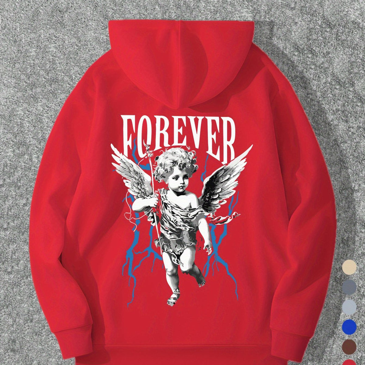 Men's Angel & Lightning Bolt Graphic Hoodie - 100% Polyester Casual Pullover Sweatshirt with Adjustable Drawstring Hood, Regular Fit Long Sleeve for Autumn Winter, Vibrant Blue, Pullover Hoodie, Bold Letter Pattern, Knitted Texture