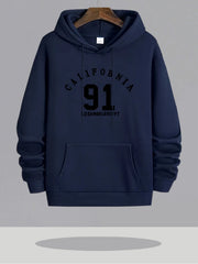 Men's Heavyweight Hooded Sweatshirt - California 91 Los Angeles Print Pullover Hoodie, Navy Blue Gym & Everyday Winter Warmth, Long Sleeve Athletic Fit with Front Pocket, Casual Streetwear for Men (California Lettering Design, Gym & Training Apparel, Regu