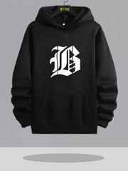 Men'S Casual Hooded Sweatshirt with Bold "B" Graphic Print - Black Long Sleeve Pullover, Front Pockets & Drawstring Hood, Regular Fit for Gym, Training, Outdoor Activities - Autumn Winter Warmth, Gym Hoodie, Training Apparel, Sporty Design, Comfortable Fa