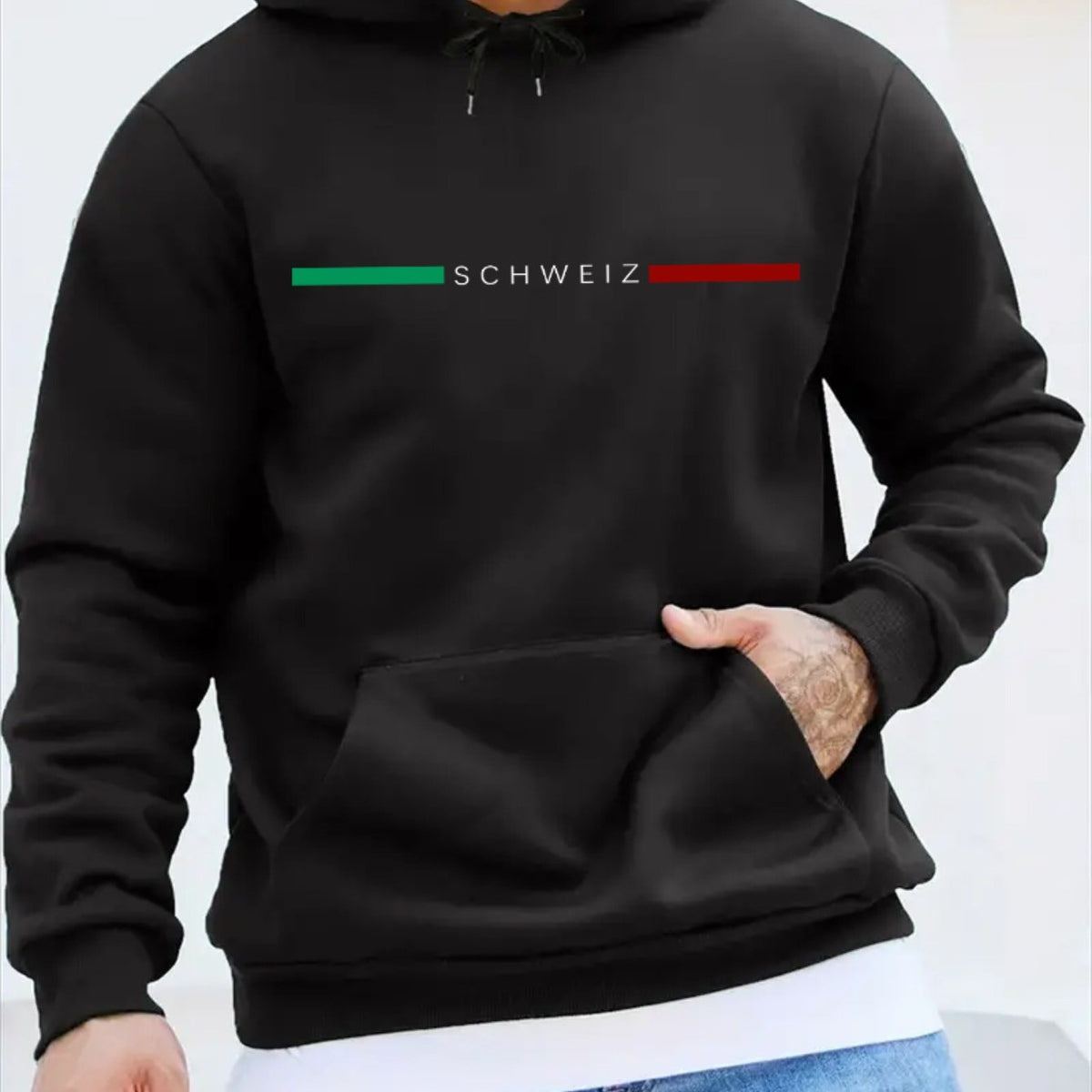 Men's 100% Oversized Hooded Sweatshirt - Retro Green Striped (Schweiz Text) Short Sleeve Pullover, All-Season Casual Sweater with Durable Hot Transfer Logo, Machine Washable Loose Fit Hoodie, Sweatshirt Men, Mens Clothes, Sweatshirt For Men, Winter Clothe