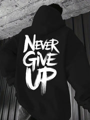 Men's Hoodie Pullover Sweatshirt - NEVER GIVE UP Motivational Lettering Back Print - Brown with White Text - Kangaroo Pocket & Drawstring Hood - All-Season Casual Outdoor Wear - Machine Washable Hooded Sweatshirt for Hiking, Gym, Everyday Use - Inspiratio
