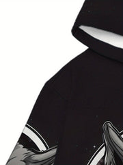 Men's Wolf & Full Moon Hooded Sweatshirt - Black/Gray/White Loose-Fit Pullover with Wolf Print, Hoodie for Casual Wear & Themed Events, Machine Washable Winter-Ready Sweater (No Inner)