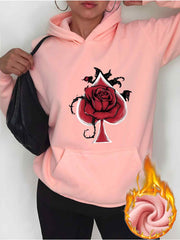 Women'S Black Rose & Spade Print Hoodie - Pink with Red Rose & Black Spade Design, Long Sleeve Pullover Sweatshirt, Front Pocket, All-Season Casual Streetwear, Streetwear Fashion, Soft Fabric Hoodie