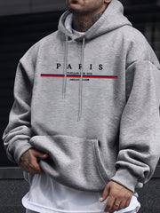 Men's Casual Paris Letter Print Hoodie - Black with White & Red Typography, Soft Long Sleeve Pullover for Autumn Winter, Machine Washable Regular Fit, Casual Wear Hoodie | Paris Themed Apparel | Machine Washable Hoodie