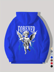 Men's Angel & Lightning Bolt Graphic Hoodie - 100% Polyester Casual Pullover Sweatshirt with Adjustable Drawstring Hood, Regular Fit Long Sleeve for Autumn Winter, Vibrant Blue, Pullover Hoodie, Bold Letter Pattern, Knitted Texture