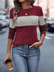 Women'S Elegant Color Block Sweater - Long Sleeve Round Neck Pullover with & Horizontal Stripes, Stretchy Sweater for Spring/Fall, Everyday & Formal Outfits - Women'S Sweater, Sweater, Casual Wear, High Elasticity Fabric, Fall Wardrobe