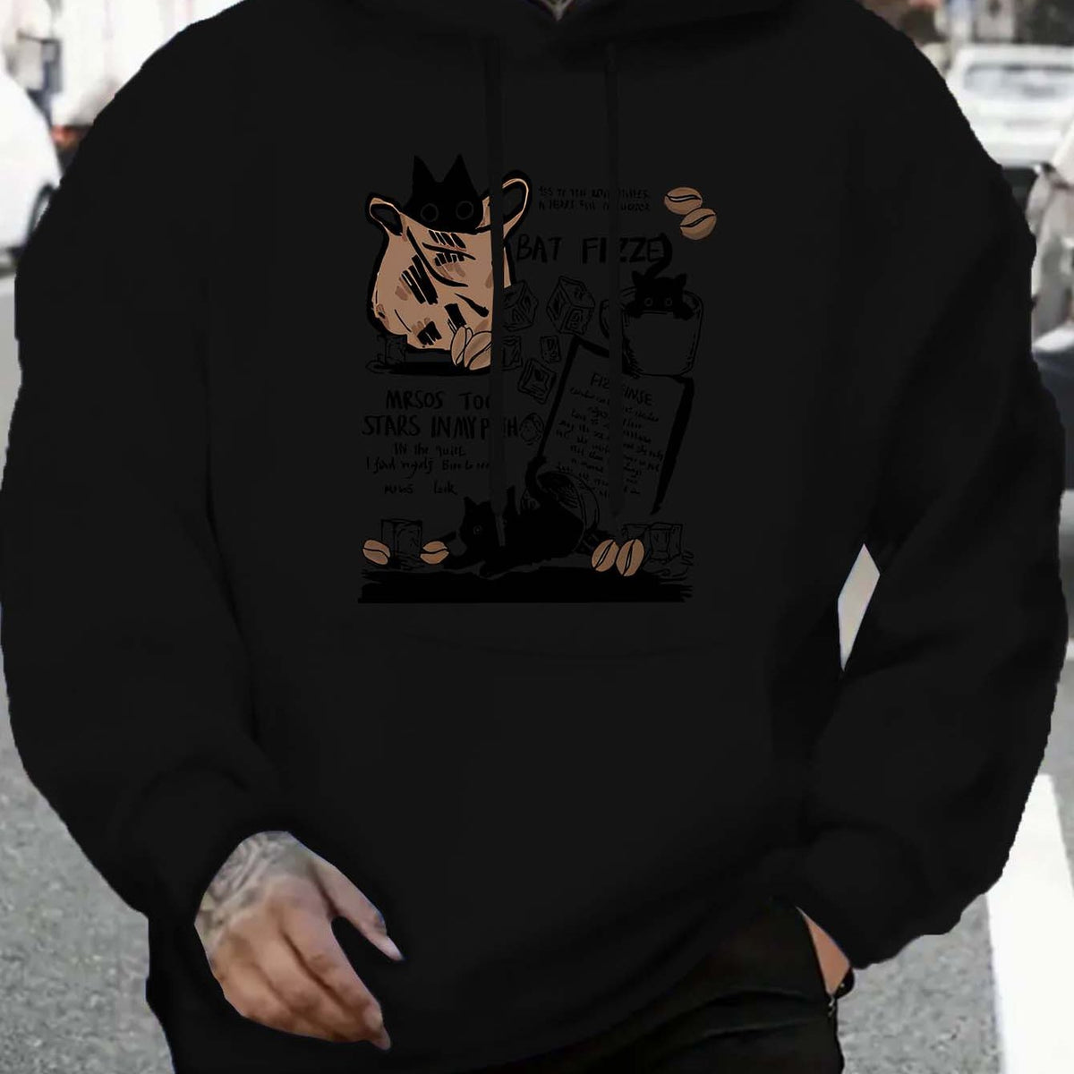 Men'S Casual Fleece-Lined Hoodie - "MEAS 0.01" Graphic, Black with White Text, Cozy Knit Pullover for Spring & Fall, American Style, Casual Wear Hoodie|Playful Graphic Hoodie|Fleece Lined Comfort