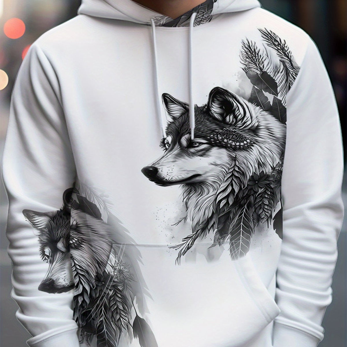 Men'S Wolf & Wolf Pack Graphic Hooded Sweatshirt - Black & White Wolf Print with Wolf Head & Paws, Long Sleeve Drawstring Hoodie for Fall/Winter, Loose Fit Casual Pullover, Machine Washable Winter Warmth, Sweater Hoodie