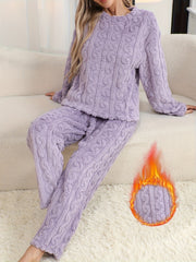 2pcs Solid Color Women's Autumn/Winter Thickened Coral Set, Thick Warm Loungewear Pajama Set, Wearable Outer Casual Set