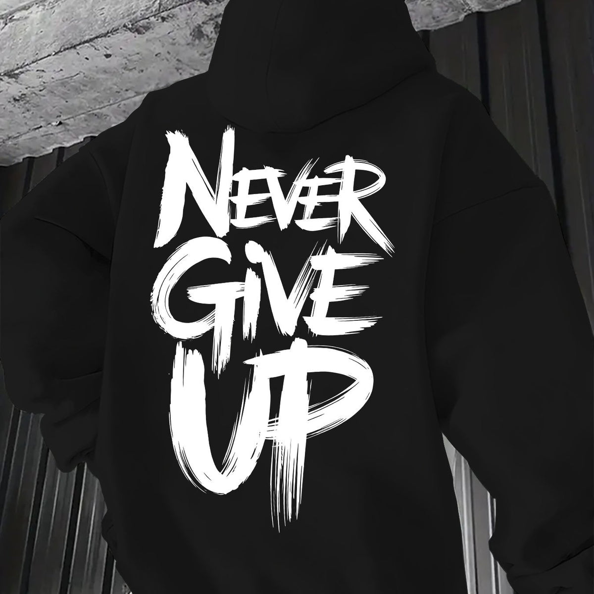 Men's Hoodie Pullover Sweatshirt - NEVER GIVE UP Motivational Lettering Back Print - Brown with White Text - Kangaroo Pocket & Drawstring Hood - All-Season Casual Outdoor Wear - Machine Washable Hooded Sweatshirt for Hiking, Gym, Everyday Use - Inspiratio