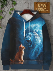 Men'S Hoodie with Lion & Kitten Graphic - Hooded Pullover Sweatshirt, Front Pocket, Autumn/Winter Streetwear Essential for Everyday & Formal Outfits - Fashion-Forward Men'S Clothing, Autumn Winter Apparel, Artistic Print Design, Comfortable Fit
