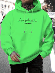 Men's Hoodie - Neon Green Los Angeles California Print Pullover Sweatshirt, Stretch Fabric Gym & Casual Attire Hoodie for Fall Winter, Casual Streetwear for Men (Adults/Teens) - Pullover Hoodie, Essential Hoodie, Outdoor Activities, Urban Fashion, Machine