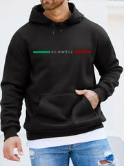 Men's 100% Oversized Hooded Sweatshirt - Retro Green Striped (Schweiz Text) Short Sleeve Pullover, All-Season Casual Sweater with Durable Hot Transfer Logo, Machine Washable Loose Fit Hoodie, Sweatshirt Men, Mens Clothes, Sweatshirt For Men, Winter Clothe