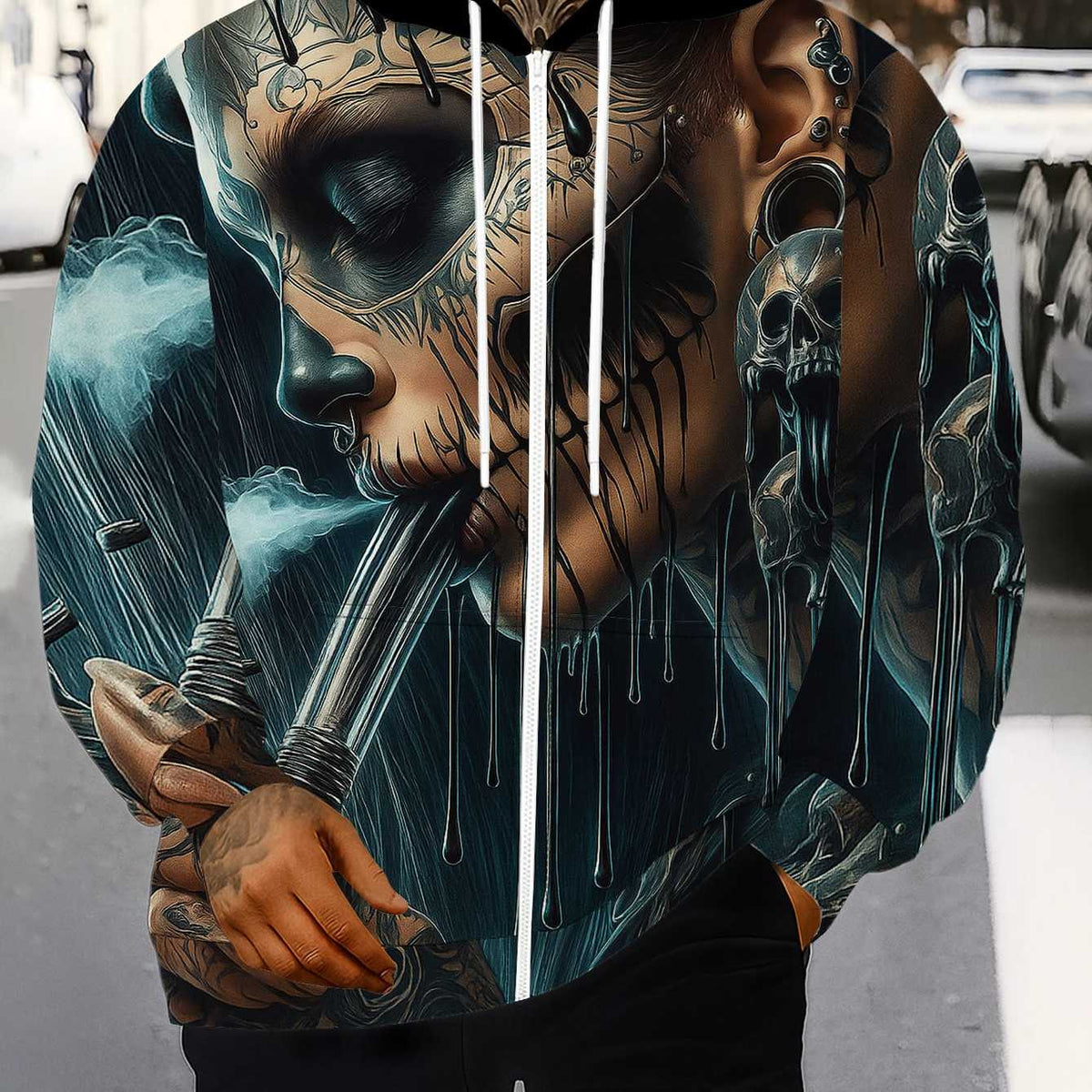 Men'S Gothic Skull & Bat Wing Print Hooded Zipper Jacket - Winter Warmth Full-Zip Coat with Full-Zip Closure, Machine Washable Casual Outerwear for Halloween