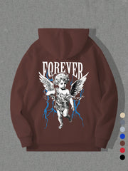 Men's Angel & Lightning Bolt Graphic Hoodie - 100% Polyester Casual Pullover Sweatshirt with Adjustable Drawstring Hood, Regular Fit Long Sleeve for Autumn Winter, Vibrant Blue, Pullover Hoodie, Bold Letter Pattern, Knitted Texture