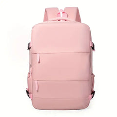 Large Capacity Multi-Pocket Travel Backpack – 180° Open Main Compartment, Shoe Storage & Sturdy Build. Unisex commuter bag for school, business, weekend trips & outdoor use. Available in Teal Blue, Black, Pink, Grey & Beige with reinforced stitching.