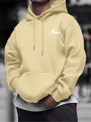 Men's Casual Hooded Sweater with Wave Print & Logo-Like Chest Design - Mustard-Yellow Knitted Polyester Pullover, Slight Stretch Long Sleeve Hoodie, Machine Washable Beige Sweater Jacket for Casual Attire (No Bulk)