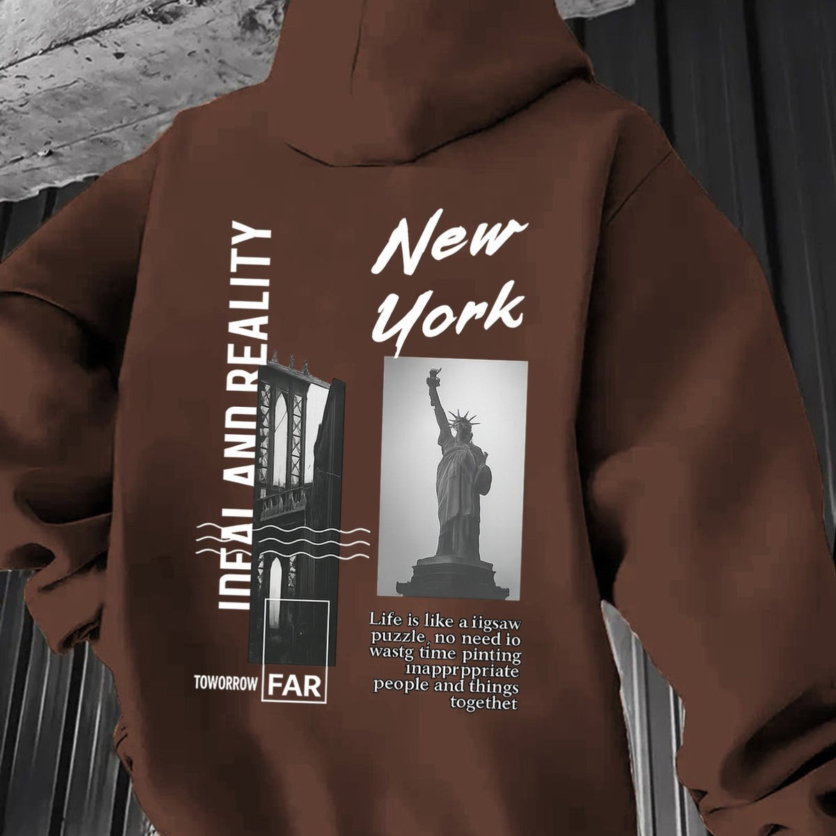 Men'S Heavyweight Hooded Sweatshirt - New York City Graphic Print with Statue of Liberty & Brooklyn Bridge Design, Loose Fit Winter Warmth, Casual Streetwear Pullover