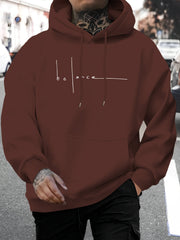 [Minimalist Graphic Hoodie] Maroon Minimalist Graphic Hoodie with Ribbed Cuffs - Men's Casual Long Sleeve Relaxed Fit Pullover Sweatshirt, Drawstring Hood for Autumn Winter Comfort, Everyday Pullover