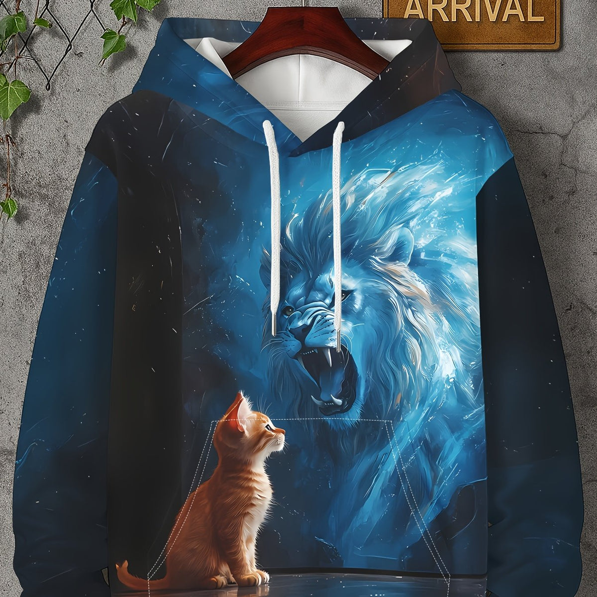 Men'S Hoodie with Lion & Kitten Graphic - Hooded Pullover Sweatshirt, Front Pocket, Autumn/Winter Streetwear Essential for Everyday & Formal Outfits - Fashion-Forward Men'S Clothing, Autumn Winter Apparel, Artistic Print Design, Comfortable Fit