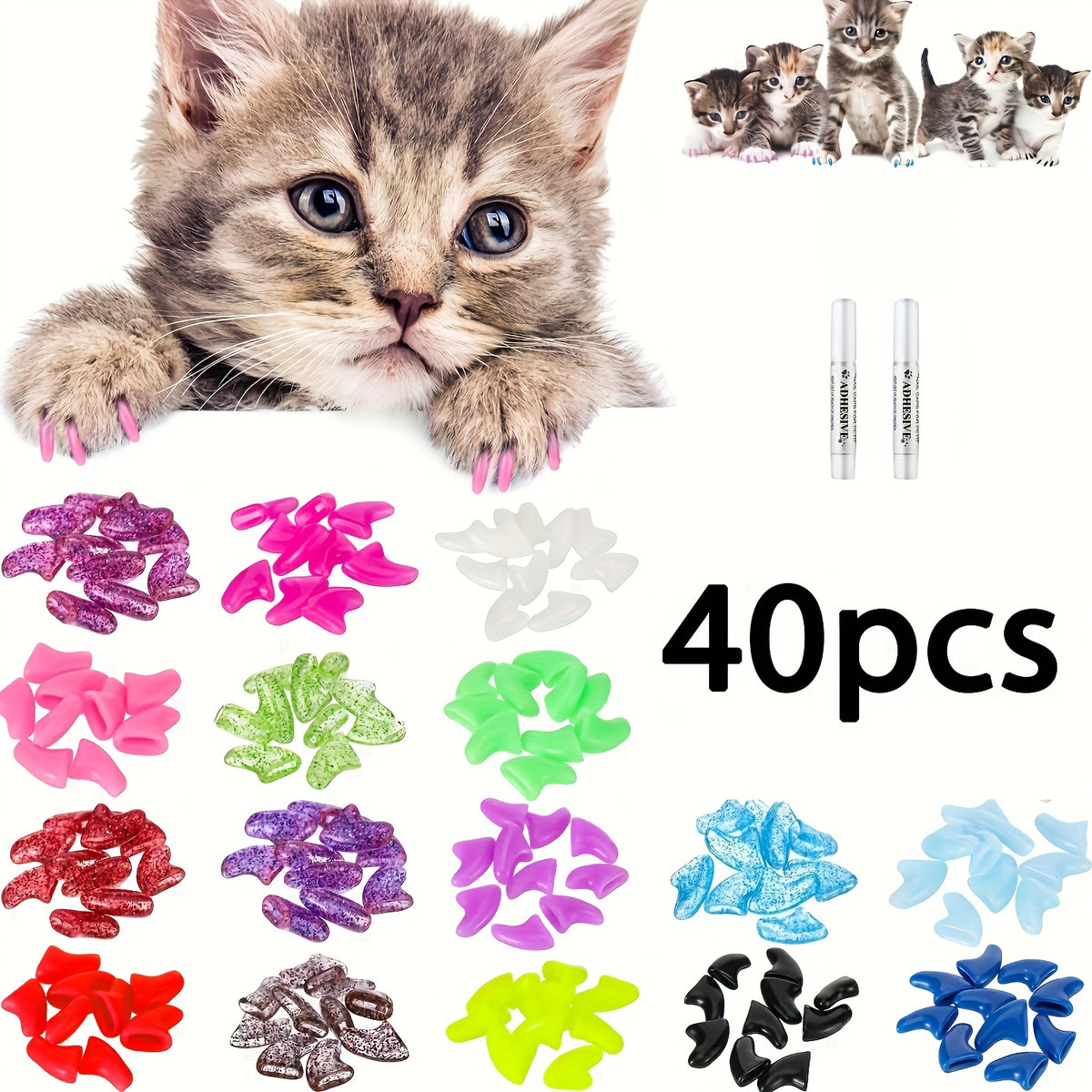 40pcs Colorful Cat Nail Caps, Furniture Anti-Scratch Soft Pet Nail Cover with Easy-Apply Glue and Applicators, Non-Toxic Stylish Pet Grooming Paw Covers