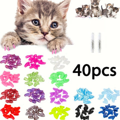 40pcs Colorful Cat Nail Caps, Furniture Anti-Scratch Soft Pet Nail Cover with Easy-Apply Glue and Applicators, Non-Toxic Stylish Pet Grooming Paw Covers