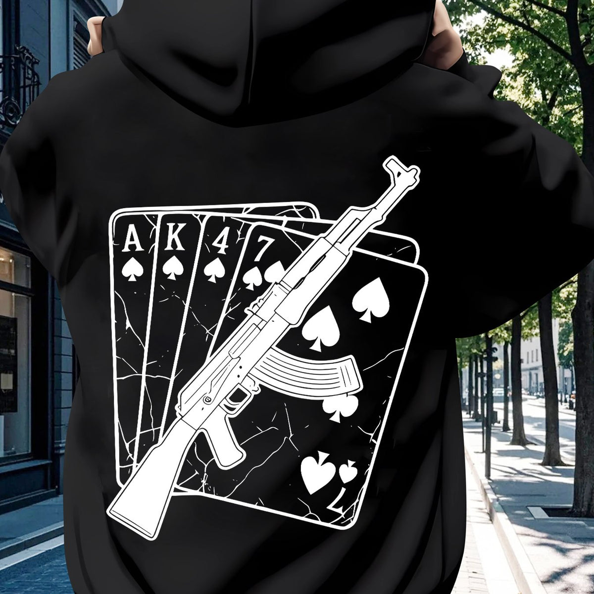 Men's Winter Hoodie with Poker & Gun Graphic Print, Casual Pullover with Pockets, Regular Fit, Slight Stretch Fabric, Perfect for Fall & Winter Streetwear, Black, Trendy Comfortable Fit Hoodie