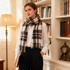 [Christmas Gifts] Women's Elegant Plaid Scarf - Soft Warm Winter Shawl & Neck Wrap, Black White Brown Beige Checkered Pattern, Windproof Snowproof Collar Collarbone Length for Weddings, Christmas Gifts, Casual Outfits - Versatile Wrap-around Scarf Accesso