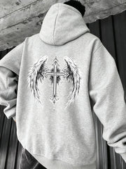 Men'S Heavyweight Hooded Sweatshirt - Gothic Wing & Cross Design, Brown/ - Winter Warmth, Loose Fit Streetwear Pullover for Everyday & Formal