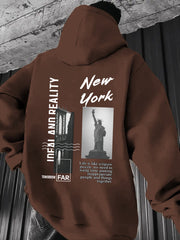 Men'S Heavyweight Hooded Sweatshirt - New York City Graphic Print with Statue of Liberty & Brooklyn Bridge Design, Loose Fit Winter Warmth, Casual Streetwear Pullover