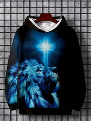 Men's Lion of Judah 3D Printed Hoodie - Black & Blue Lion of Judah Christ Symbol Sweatshirt, Relaxed Fit Hooded Sweater with Biblical Cross Print, Machine Washable Casual Religious Apparel