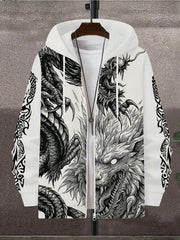 Men'S Winter Warm Hooded Zip-Up Sweatshirt with Dragon Print - Full-Zip Front Closure, Full-Zip Hooded Sweater Jacket, Machine Washable Casual Outerwear for Men