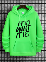 Men's Casual Beige Hoodie with "IT IS WHAT IT IS" Print - Soft Polyester, Loose Fit, Machine Washable, with Kangaroo Pocket | Ideal for All Seasons, Oversized Hoodie