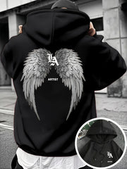 Men's Gothic Angel Wing & Artist Back Print Hooded Sweatshirt - Black with White Lettering, Drawstring Hood, Kangaroo Pocket, Casual Pullover Hoodie for Casual Attire, All-Season Comfort, Machine Washable, Trendy Streetwear with Artist-Themed Design & Win