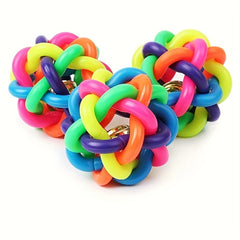 Durable Plastic Chew Ball with Bell - 2.17 Inch Large Knot Dog for Puppies & Cats, Multicolor Chewable Interactive Rubber-Like Ball for Small/Medium Dogs, No Batteries, Teeth Cleaning & Tug-of-War Play (Green, Pink, Blue, Yellow)