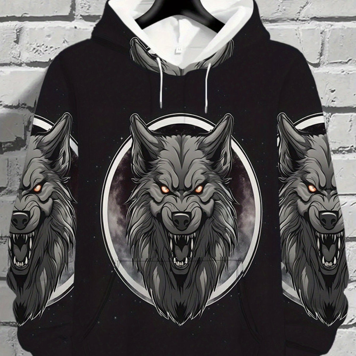 Men's Wolf & Full Moon Hooded Sweatshirt - Black/Gray/White Loose-Fit Pullover with Wolf Print, Hoodie for Casual Wear & Themed Events, Machine Washable Winter-Ready Sweater (No Inner)