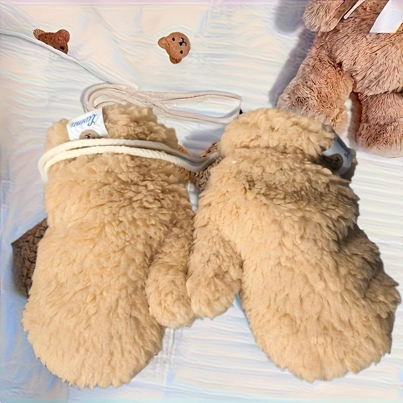 Thickened Bear Pattern Plush Gloves, Cold-Proof Mittens, Elastic Winter Warm Gloves, Outdoor Cold-Weather Accessories, Windproof Design, Ski Accessories, Suitable for Cycling, Hiking, Outdoor Activities, Ideal Christmas, Birthday, New Year Gift