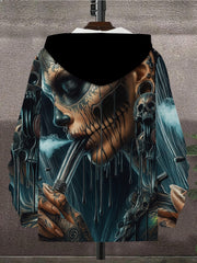 Men'S Gothic Skull & Bat Wing Print Hooded Zipper Jacket - Winter Warmth Full-Zip Coat with Full-Zip Closure, Machine Washable Casual Outerwear for Halloween